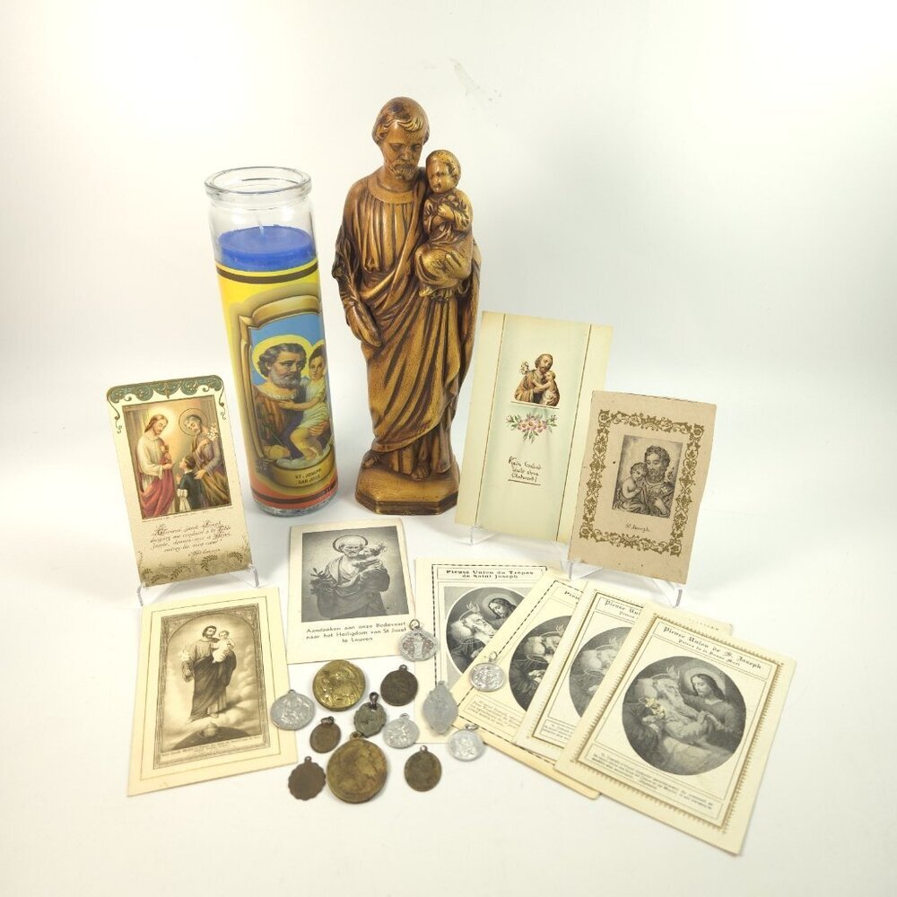 St Joseph Devotional Lot Statue Holy Cards Vintage Antique Medals